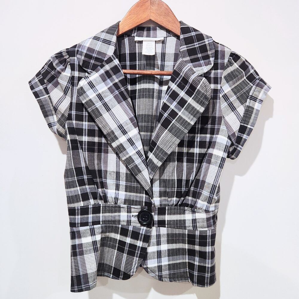 Vintage Charlotte Ruse Black White Plaid Peplum Blazer Size Medium Y2K Academia - Picture 1 of 9